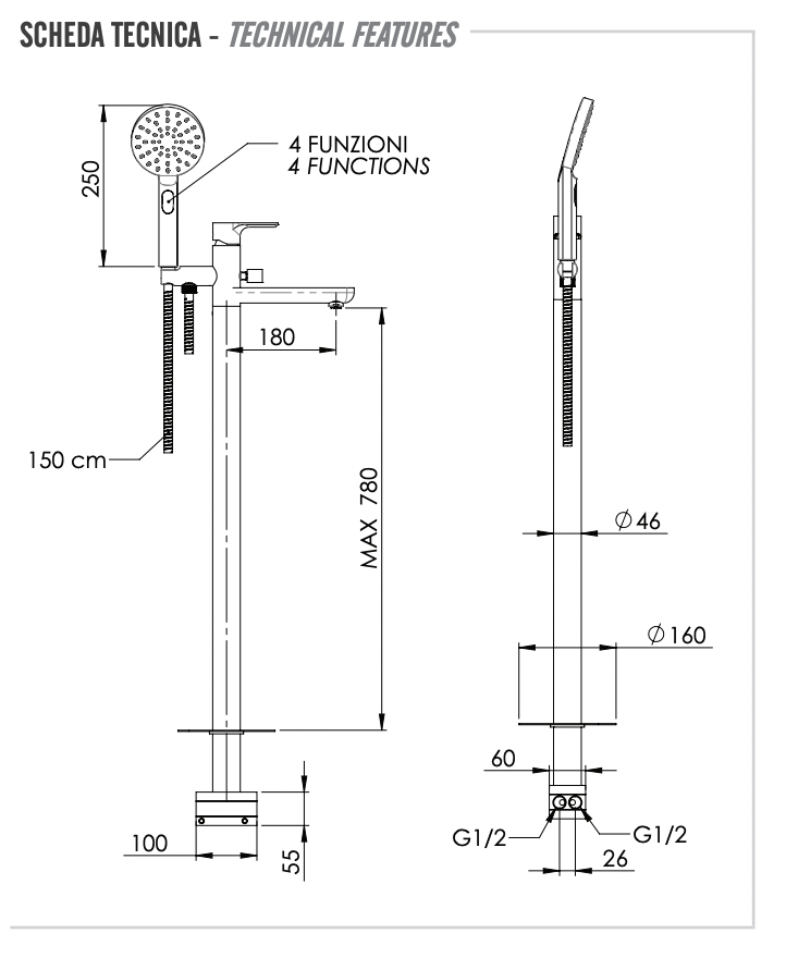 Remer Energy Смеситель для ванны напольный, излив 18 см, со скрытой частью, цвет: cromo EY08