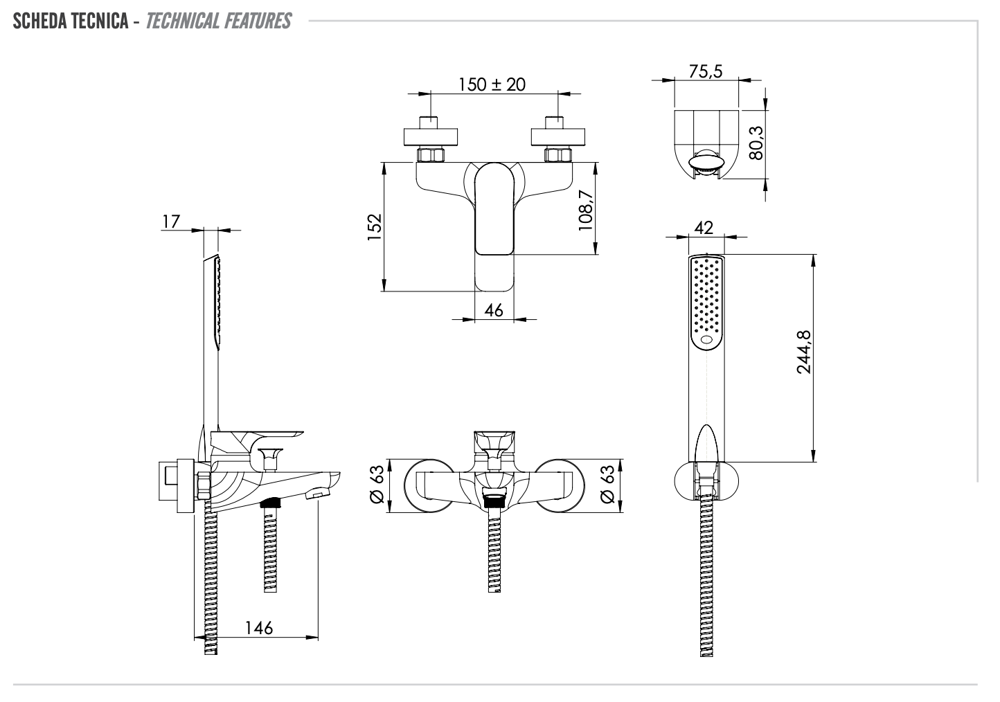 Remer Infinity Смеситель для ванны с душем, лейка, держатель, шланг 150 см, цвет: oro spazzolato I02BG