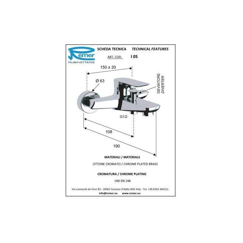 Remer Infinity Смеситель для ванны с душем, цвет: nichel spazzolato I05NP