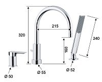 Remer Infinity Смеситель на борт ванны, излив 21,5 см, ручной душ, шланг 150 см, цвет: cromo I07