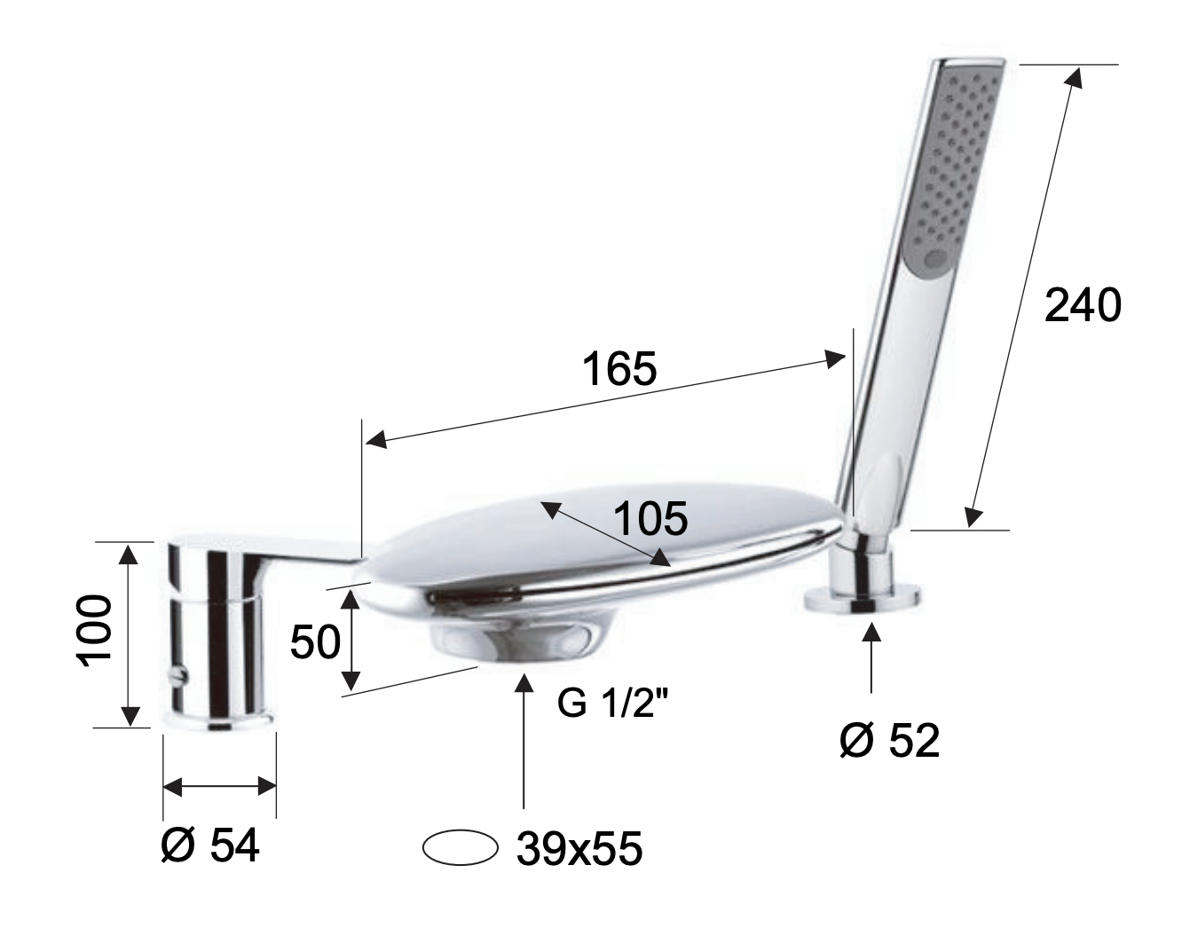 Remer Infinity Смеситель на борт ванны, каскадный излив, лейка 4 режима, шланг, цвет: oro lucido I07UFDO