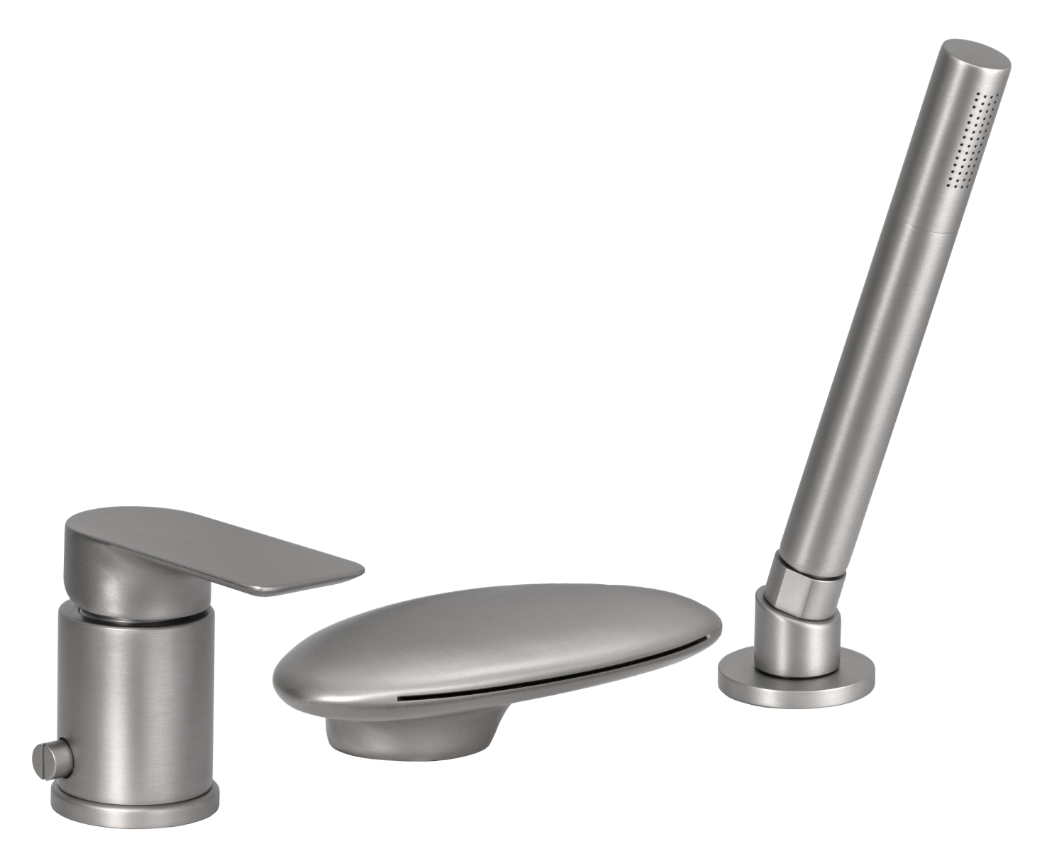 Remer Infinity Смеситель на борт ванны, каскадный излив, лейка, шланг, цвет: nichel spazzolato opaco I07UFNPO