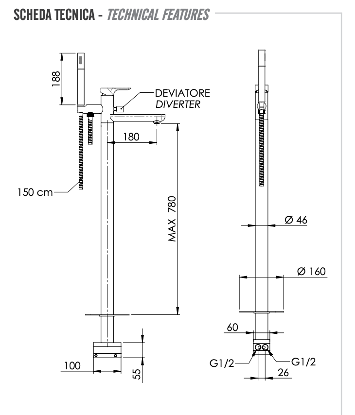 Remer Infinity Смеситель для ванны напольный, излив 18 см, со скрытой частью, цвет: nero opaco I08NO
