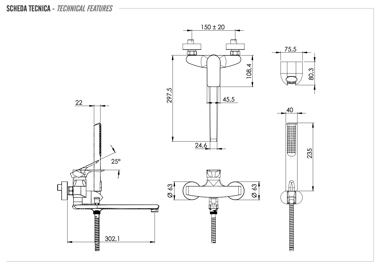 Remer Infinity Смеситель для ванны с душем, лейка, держатель, шланг 150 см, цвет: cromo I49