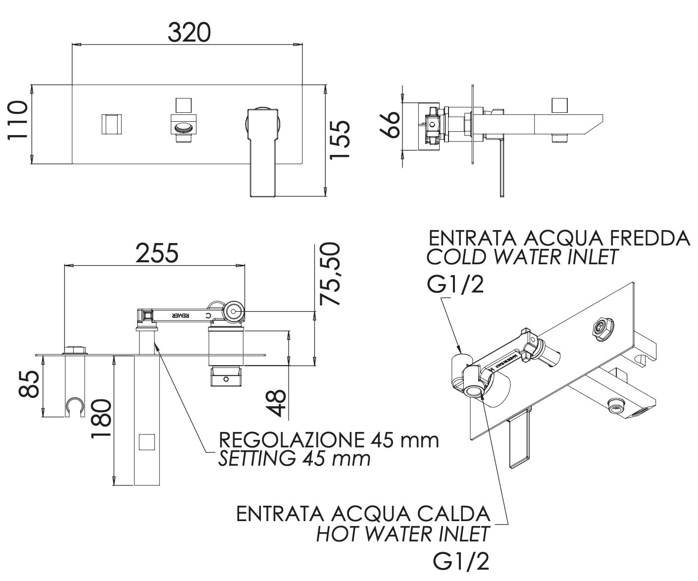 Remer Qubika Смеситель для ванны встраиваемый, излив, лейка 1 режим, шланг 150 см, цвет: cromo Q04