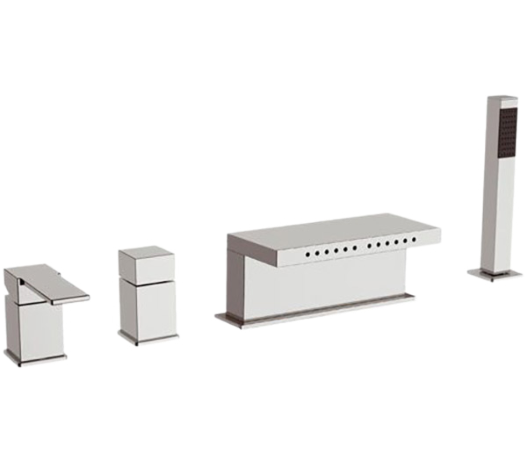 Remer Qubika Смеситель на борт ванны, каскадный излив многоструйный, лейка, шланг, цвет: cromo Q06