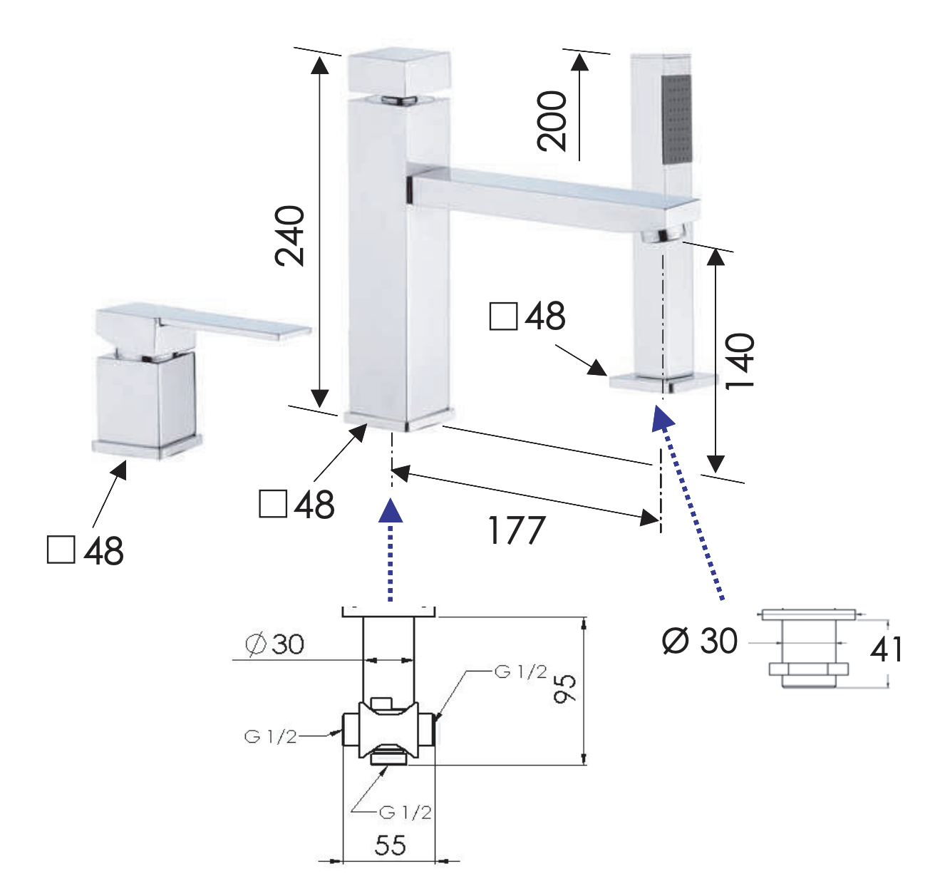 Remer Qubika Смеситель на борт ванны, излив 17,8 см, лейка 1 вид струи, шланг 150 см, цвет: cromo Q07