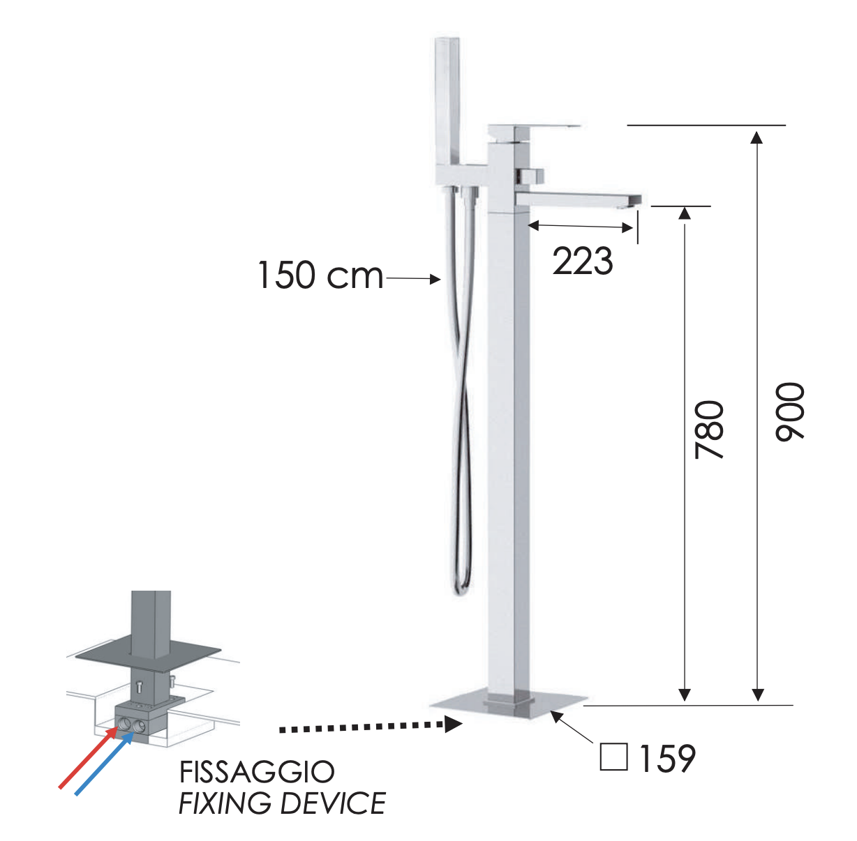 Remer Qubika Смеситель для ванны напольный, излив 22,3 см, со скрытой частью, цвет: cromo Q08