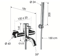 Remer X Style Смеситель для ванны с душем, лейка 1 вид струи, держатель, шланг 150 см, цвет: cromo X02
