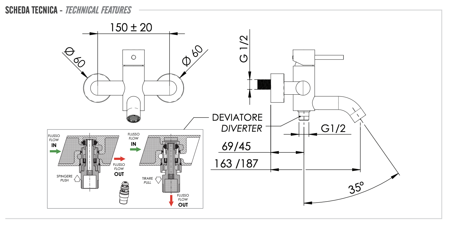 Remer X Style Смеситель для ванны с душем, цвет: cromo nero spazzolato X05CFP