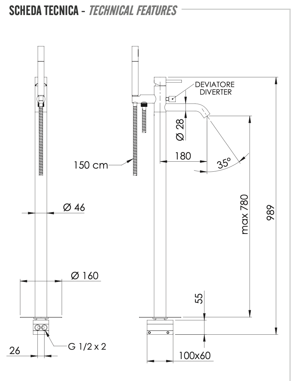 Remer X Style Смеситель для ванны напольный, излив 18 см, со скрытой частью, цвет: nero opaco X08NO