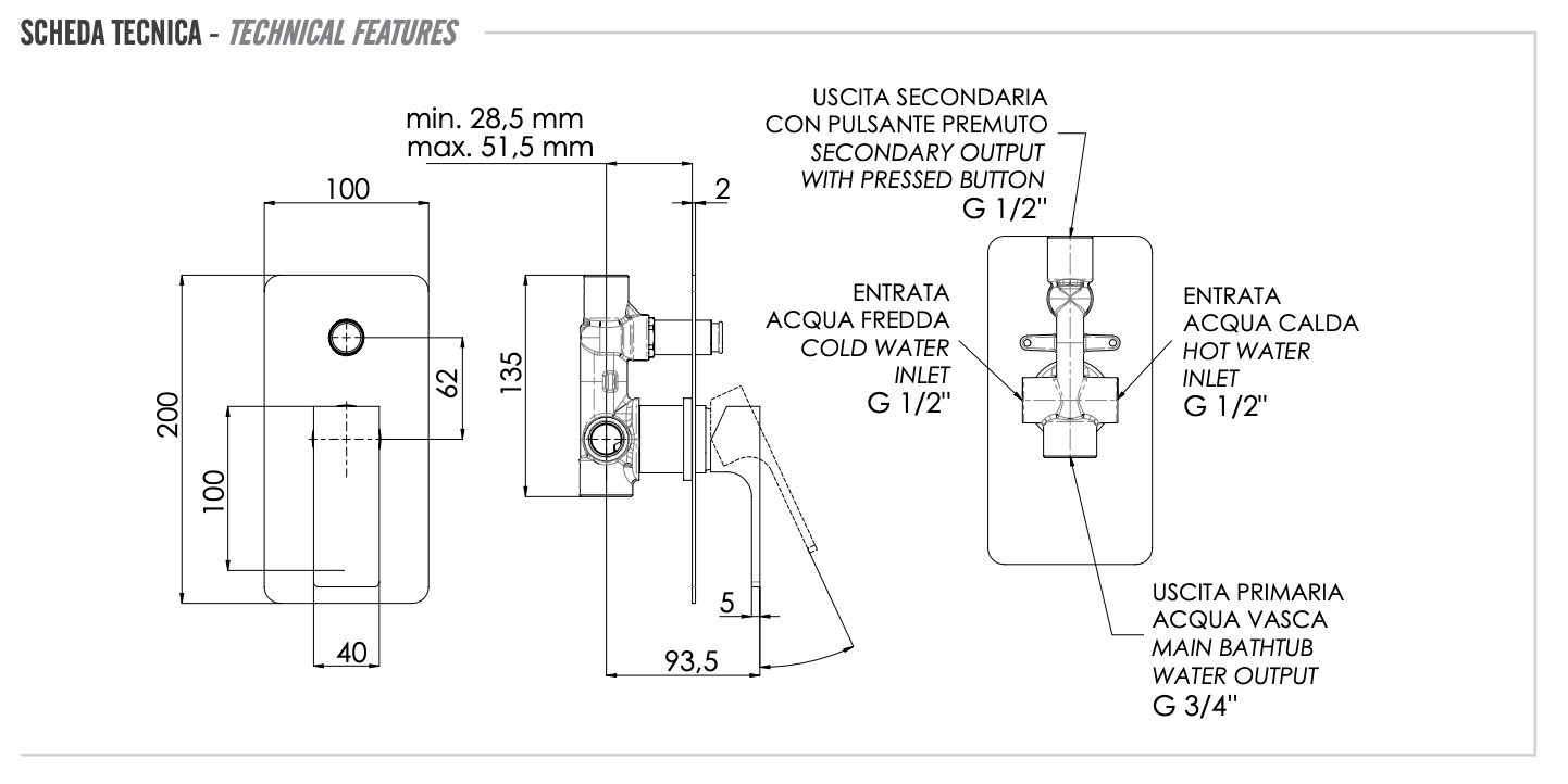 Remer Absolute Смеситель для ванны встраиваемый на 2 потребителя, с встраиваемой частью, цвет: cromo AU09