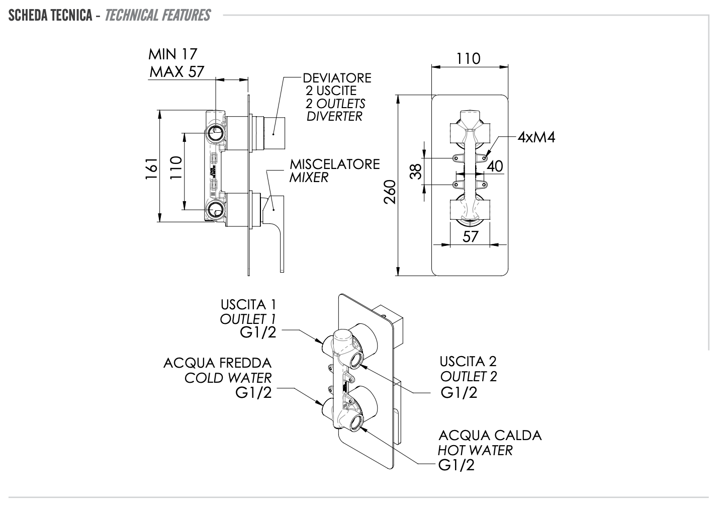 Remer Absolute Смеситель для ванны встраиваемый, 2 потребителя, цвет: oro spazzolato AU92BG