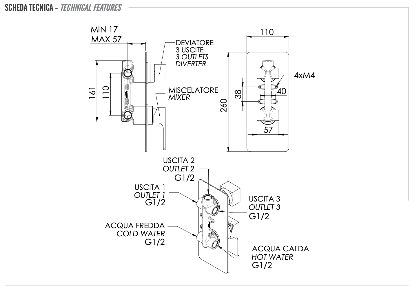Remer Absolute Смеситель для ванны встраиваемый на 3 потребителя, с встраиваемой частью, цвет: cromo AU93