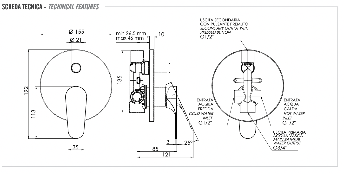 Remer Class Line Смеситель для ванны встраиваемый, 2 потребителя, с встраиваемой частью, цвет: cromo L09