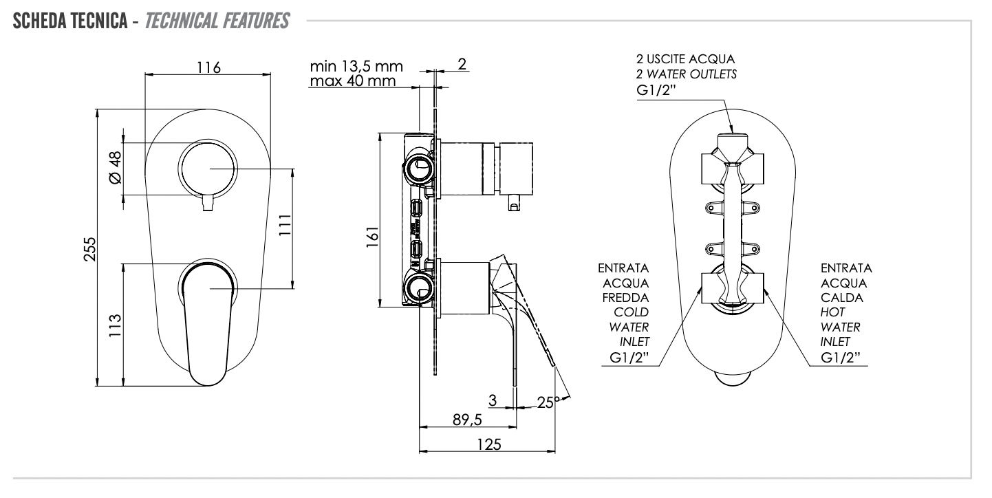 Remer Class Line Смеситель для ванны встраиваемый, 2 потребителя, с встраиваемой частью, цвет: cromo L92