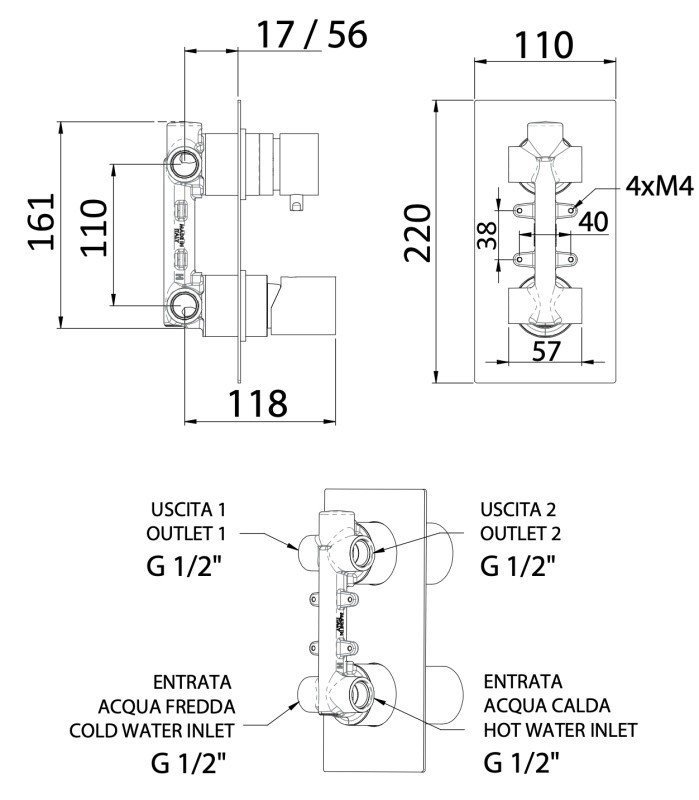 Remer Edge Смеситель для ванны встраиваемый на 2 потребителя, с встраиваемой частью, цвет: cromo EG592