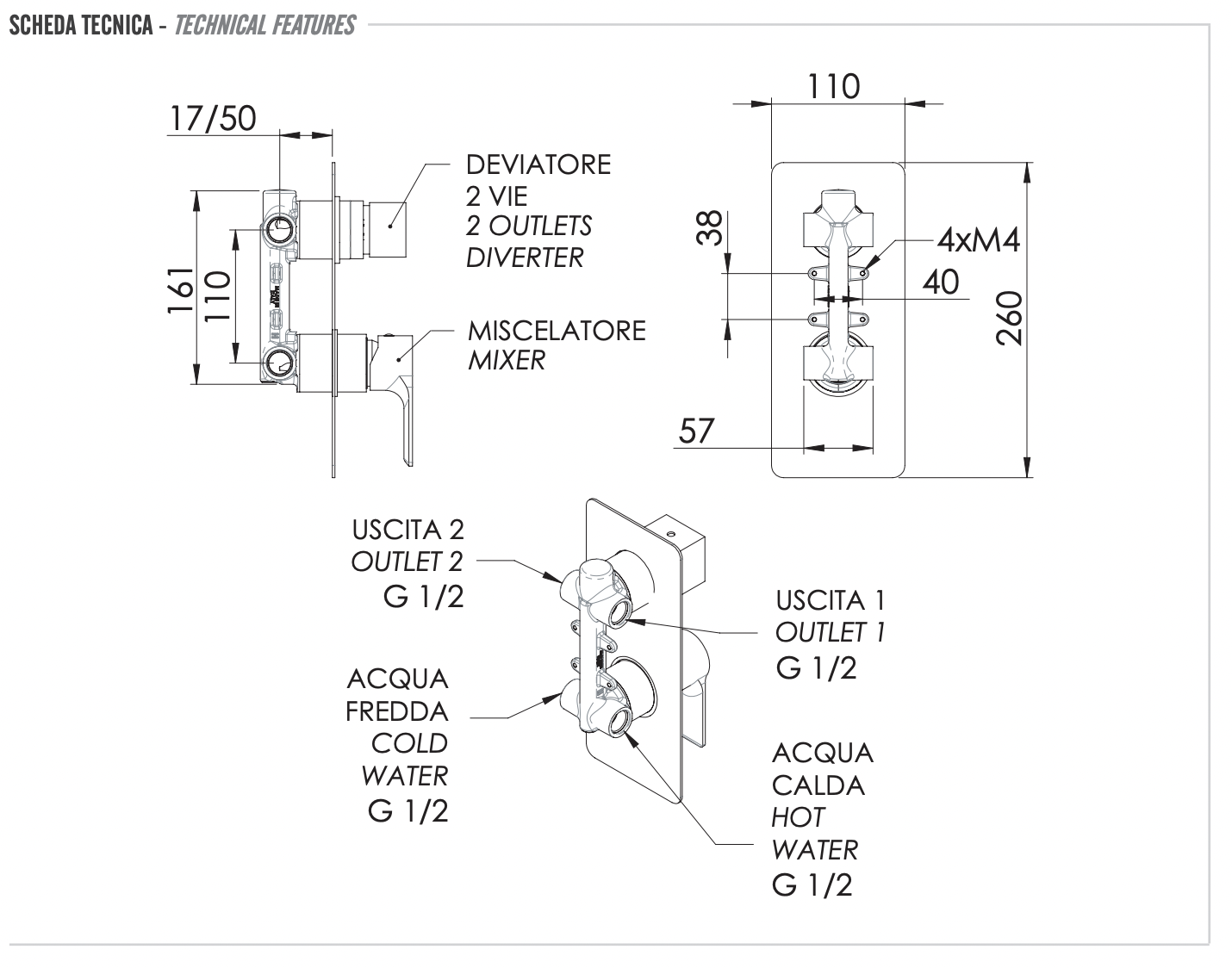 Remer Energy Смеситель для ванны встраиваемый на 2 потребителя, с встраиваемой частью, цвет: cromo EY92