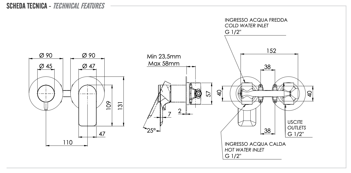 Remer Infinity Смеситель для ванны встраиваемый, 2 потребителя, с скрытой частью, цвет: cromo I92ZP