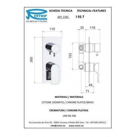 Remer Infinity Смеситель для ванны встраиваемый, 3 потребителя, с скрытой частью, цвет: cromo I937