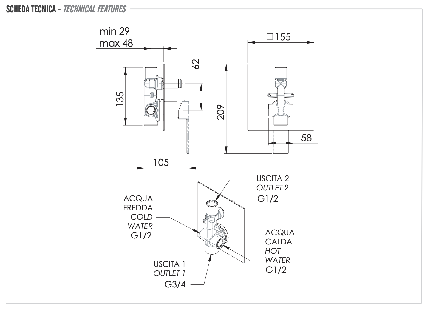 Remer Qubika Смеситель для ванны встраиваемый на 2 потребителя, с встраиваемой частью, цвет: cromo Q09