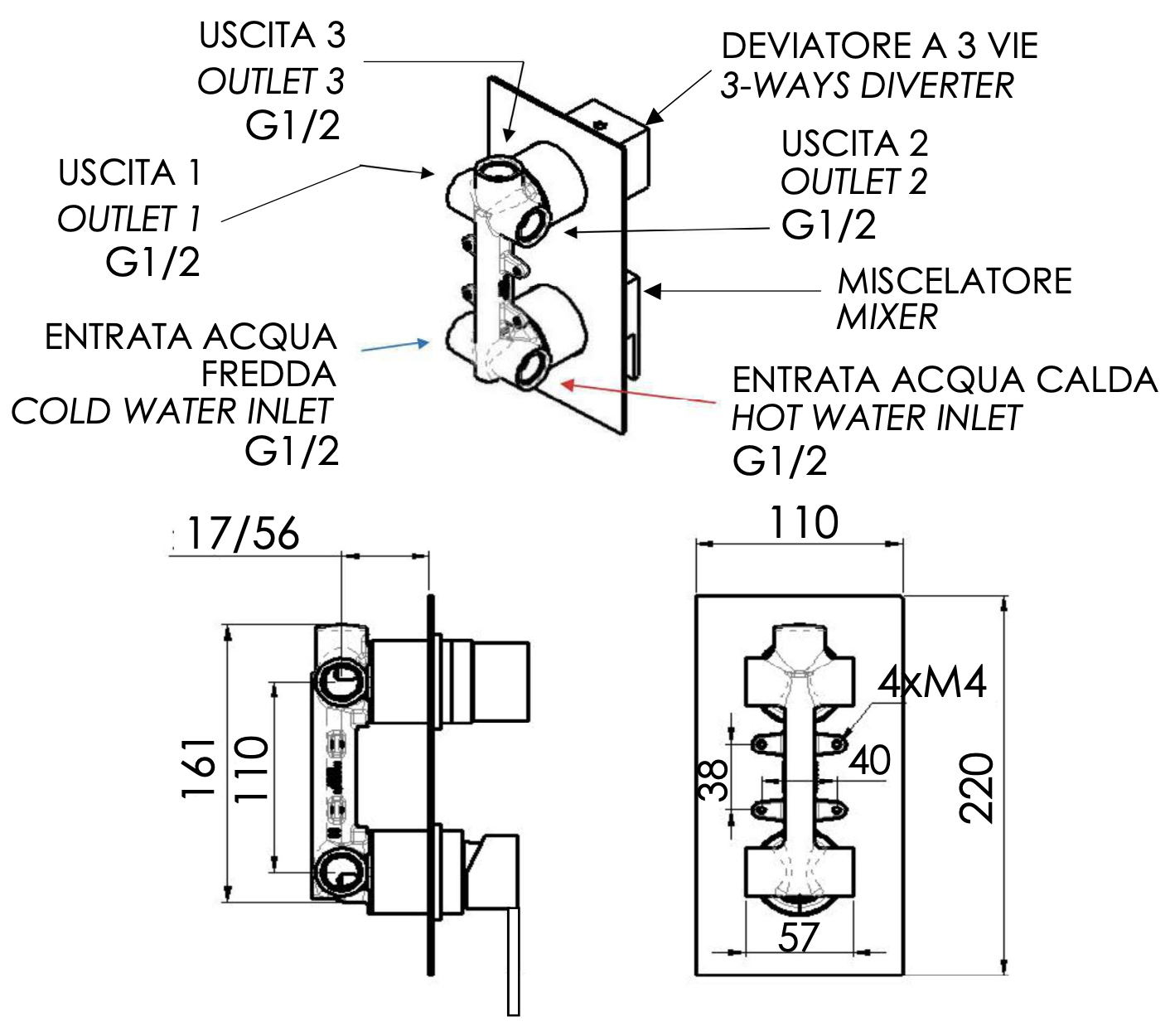 Remer Qubika Смеситель для ванны встраиваемый на 3 потребителя, с встраиваемой частью, цвет: cromo Q93