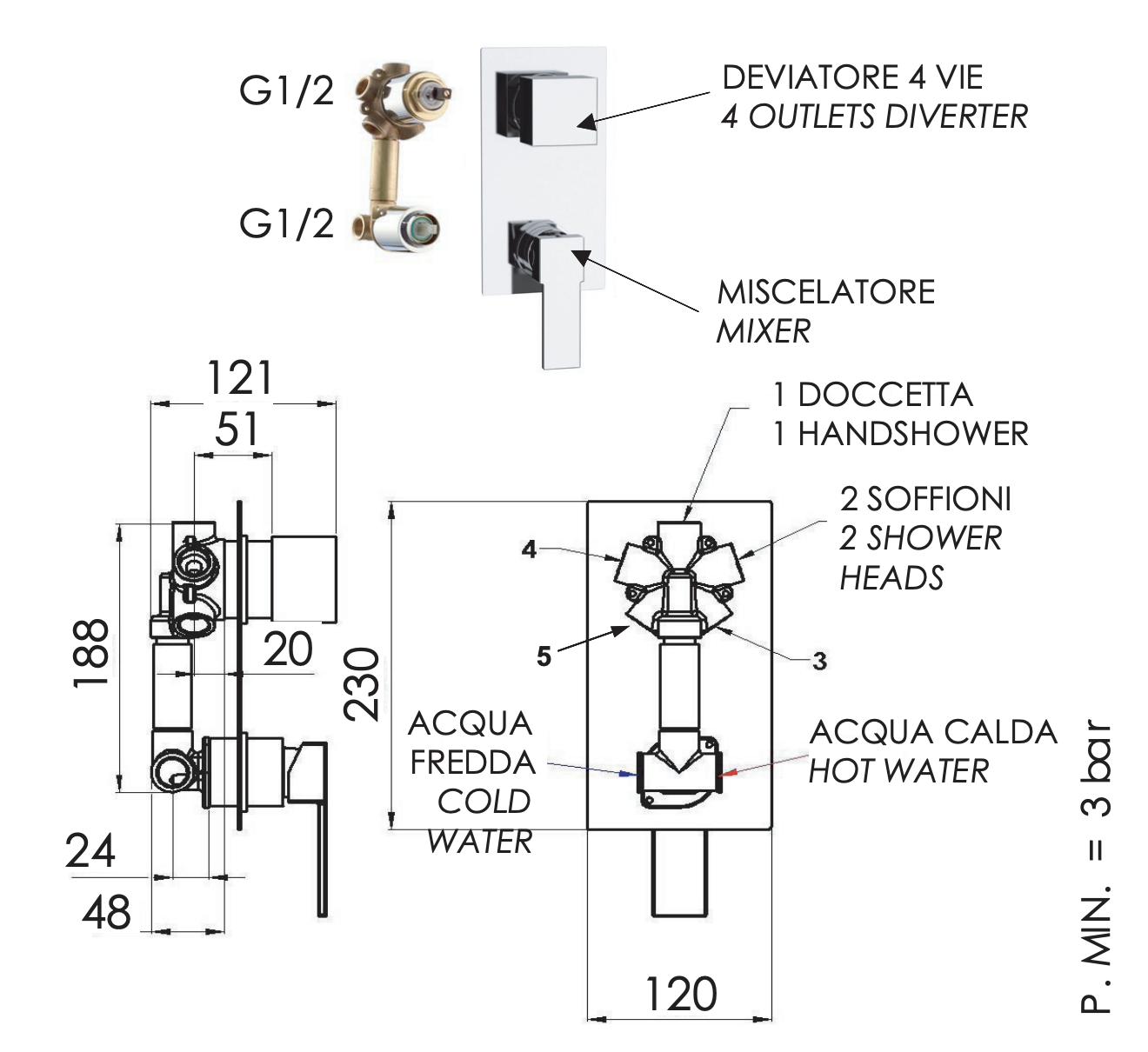 Remer Qubika Смеситель для ванны встраиваемый на 4 потребителя, с встраиваемой частью, цвет: cromo Q94