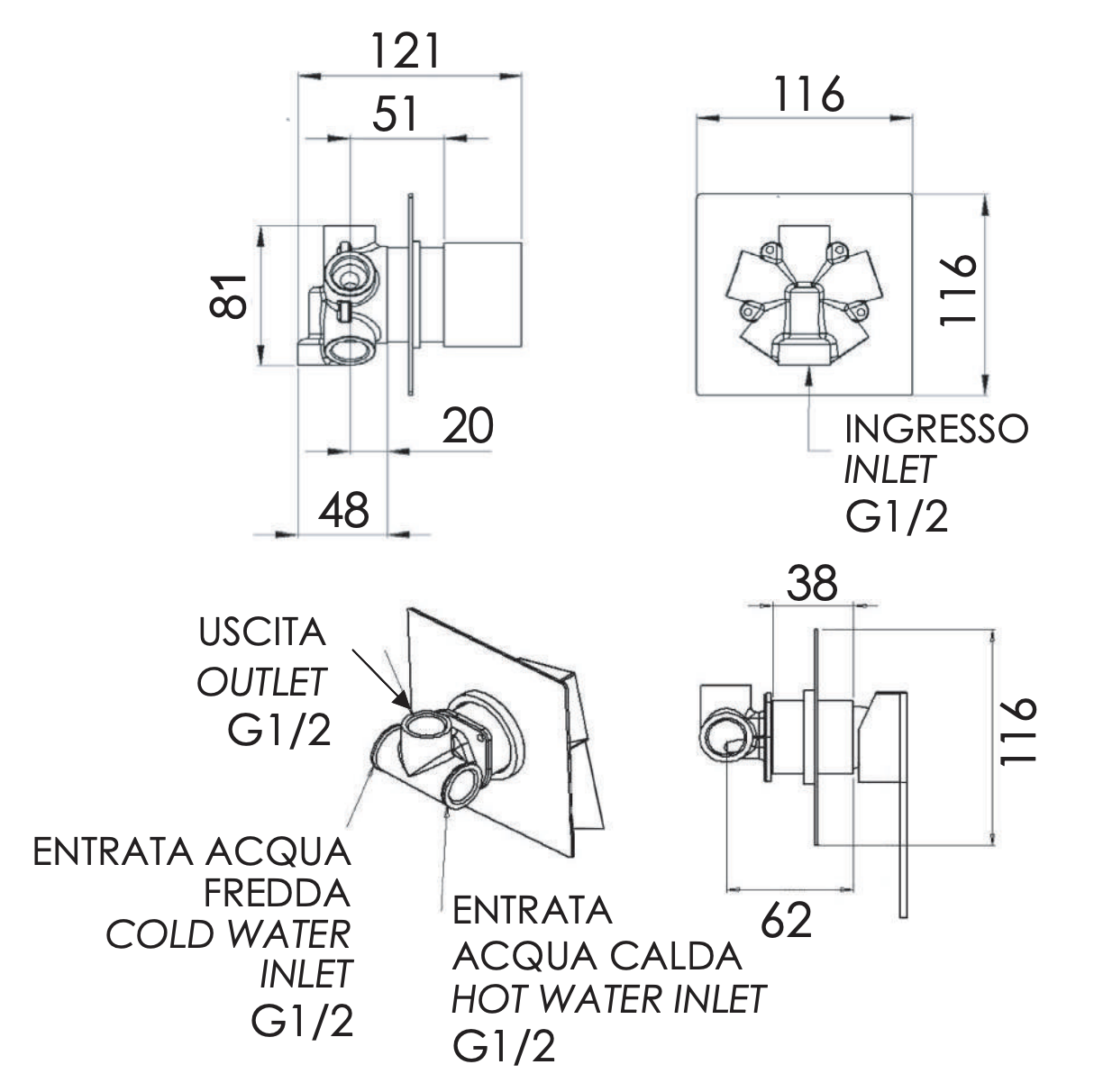 Remer Qubika Смеситель для ванны встраиваемый, 4 потребителя, с скрытой частью, цвет: cromo Q94C