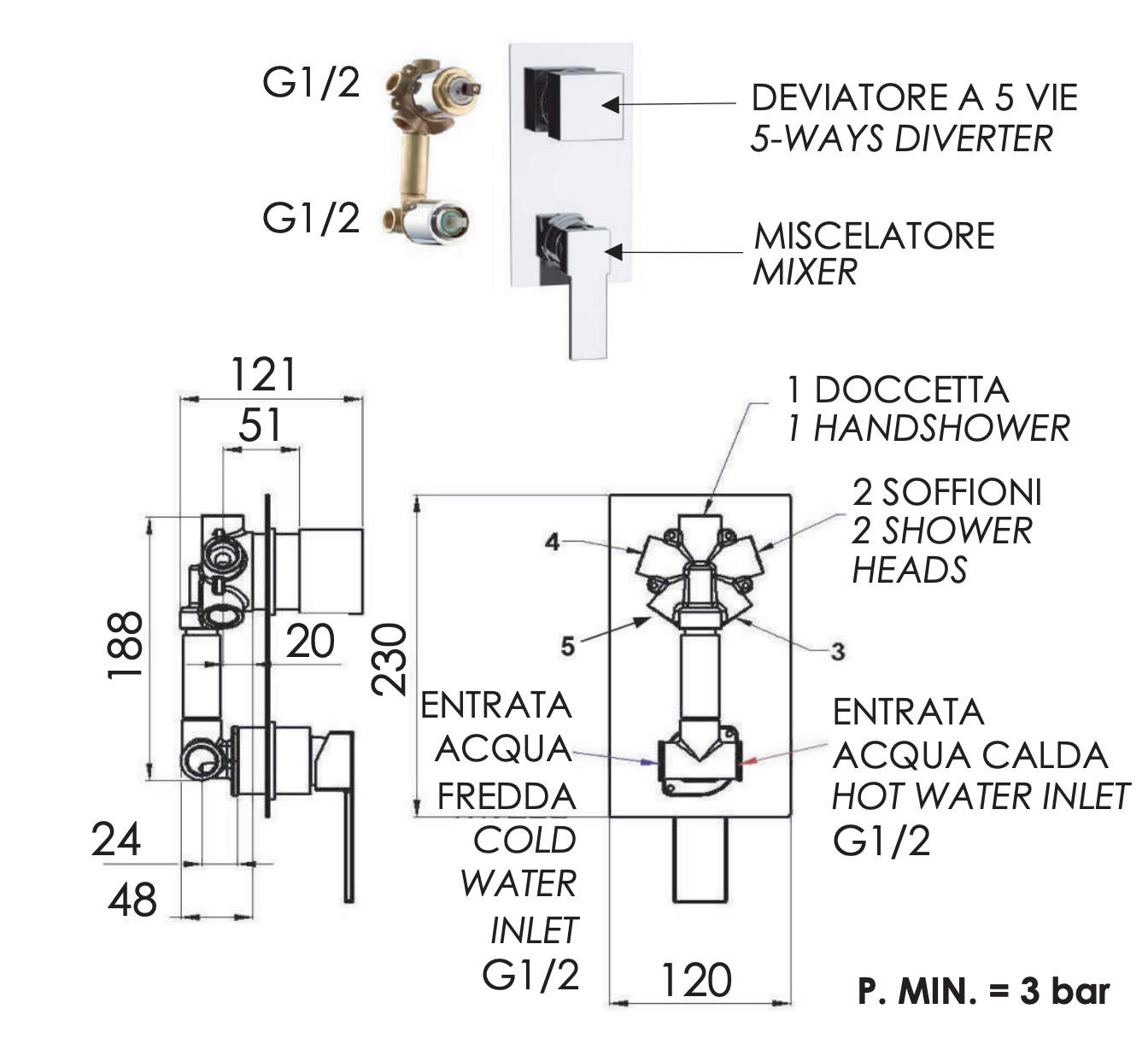 Remer Qubika Смеситель для ванны встраиваемый на 5 потребителей, с встраиваемой частью, цвет: cromo Q95
