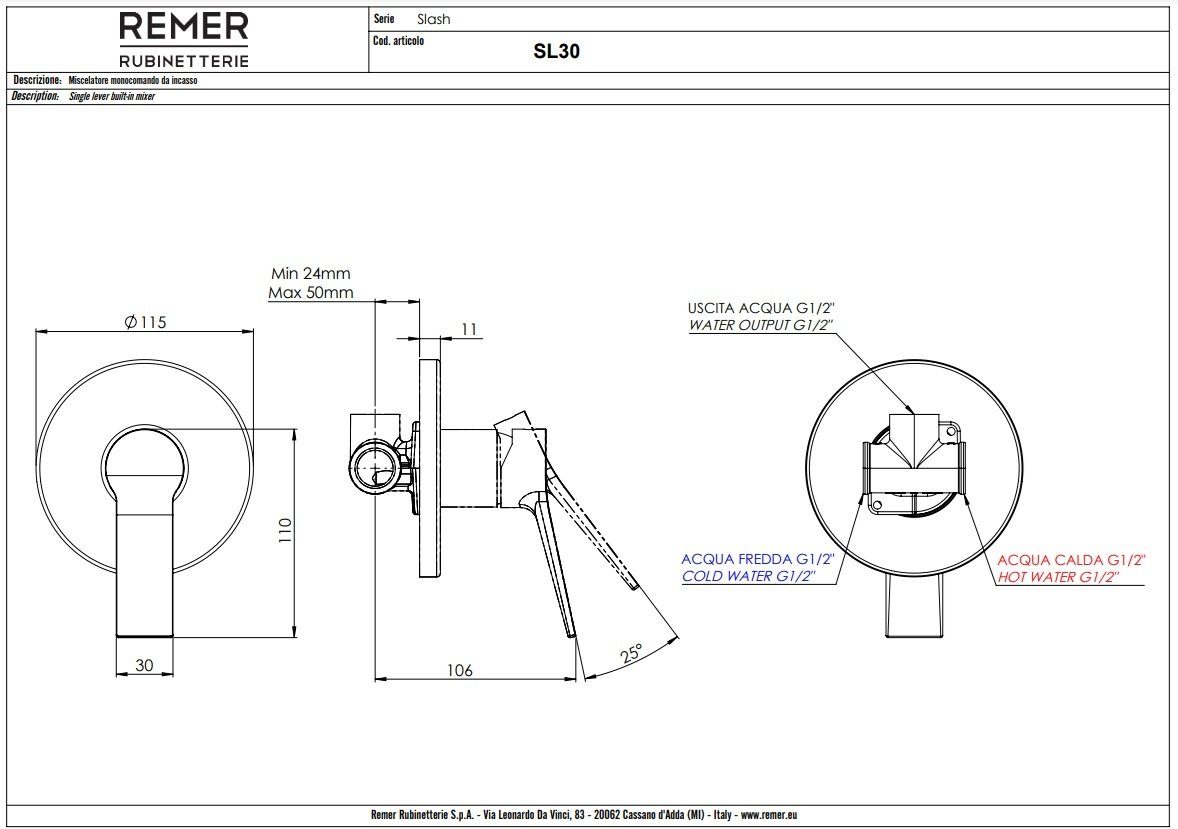 Remer Slash & Dot Смеситель для душа встраиваемый, 1 потребитель, с встраиваемой частью, цвет: cromo SL30