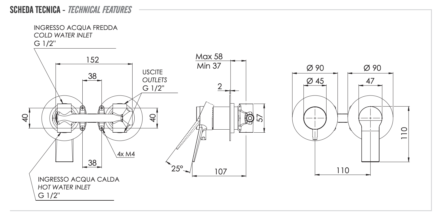 Remer Slash & Dot Смеситель для ванны встраиваемый, 2 потребителя, с скрытой частью, цвет: cromo SL92ZP