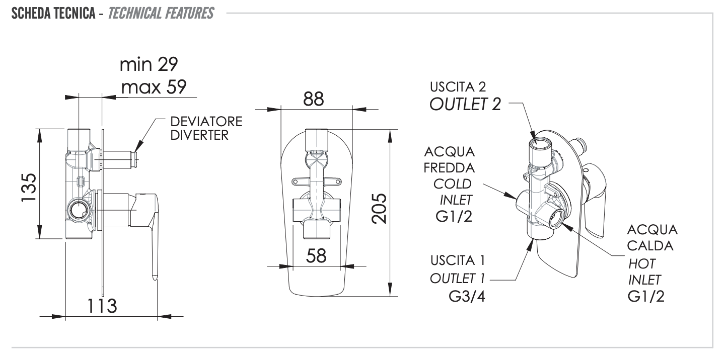 Remer Vanity Смеситель для ванны встраиваемый на 2 потребителя, с встраиваемой частью, цвет: cromo V09