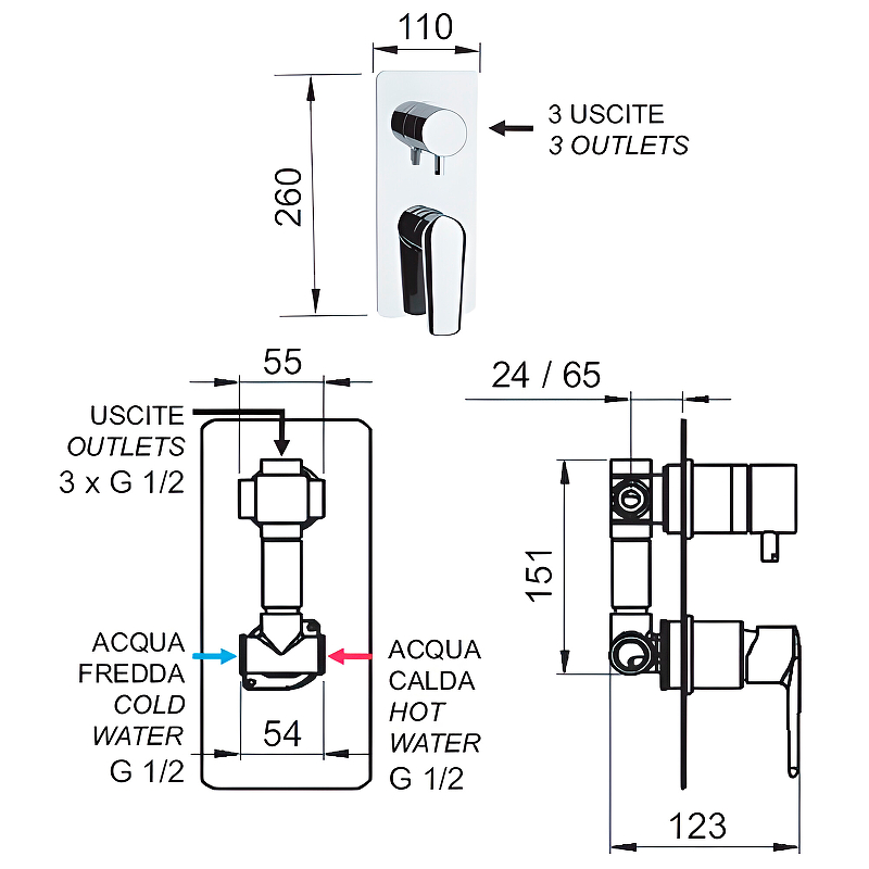 Remer Vanity Смеситель для ванны встраиваемый, 3 потребителя, с скрытой частью, цвет: cromo V937