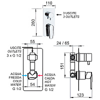 Remer Vanity Смеситель для ванны встраиваемый, 3 потребителя, с скрытой частью, цвет: cromo V937