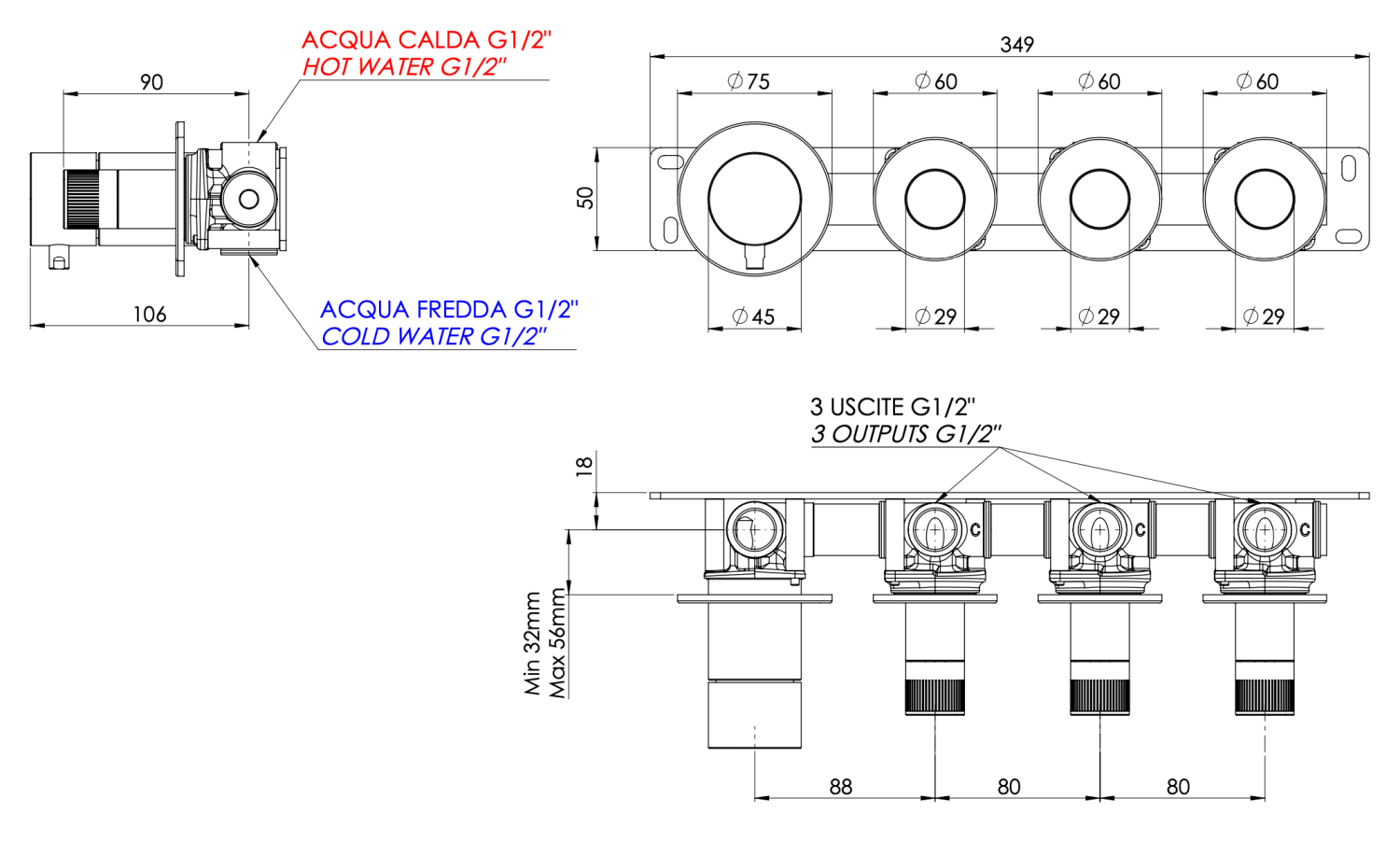 Remer X Style Смеситель для ванны встраиваемый 3 потребителя, с скрытой частью, цвет: oro spazzolato N98D3PBG