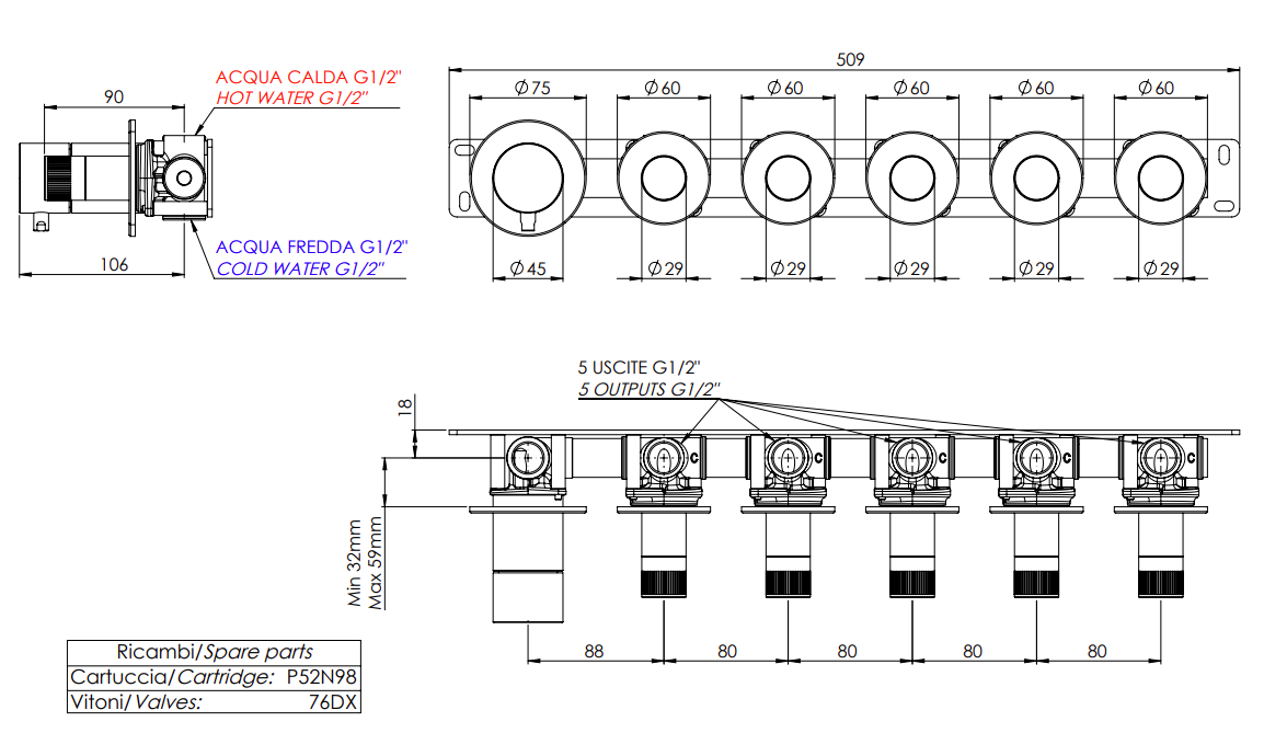 Remer X Style Смеситель для ванны встраиваемый, 5 потребителей, с скрытой частью, цвет: cromo N98D5P