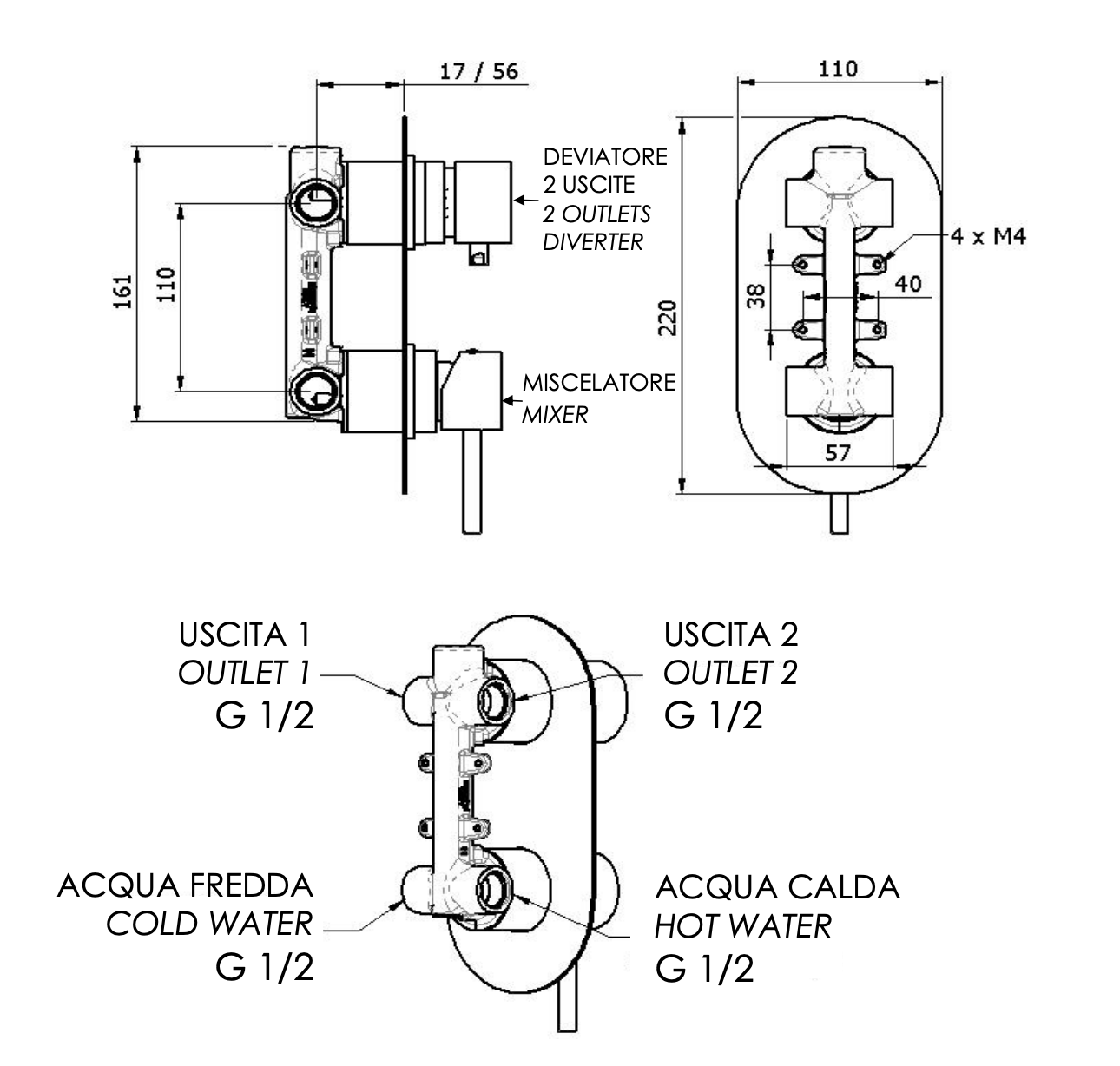 Remer X Style Смеситель для ванны встраиваемый на 2 потребителя, с встраиваемой частью, цвет: cromo X92