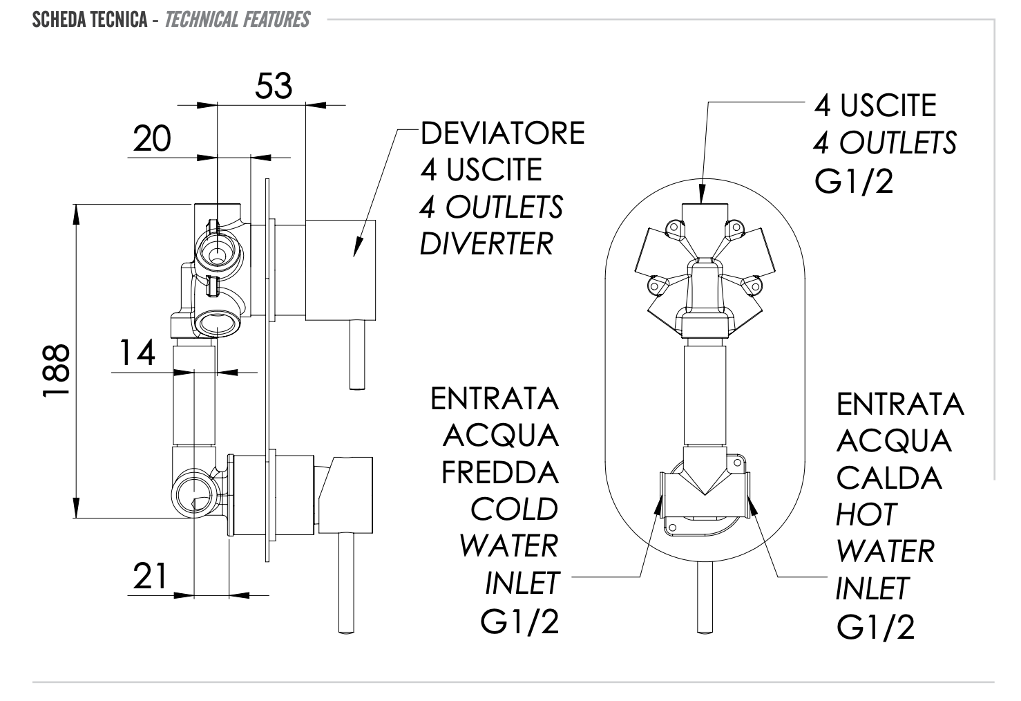 Remer X Style Смеситель для ванны встраиваемый, 4 потребителя, с скрытой частью, цвет: nero opaco X94NO