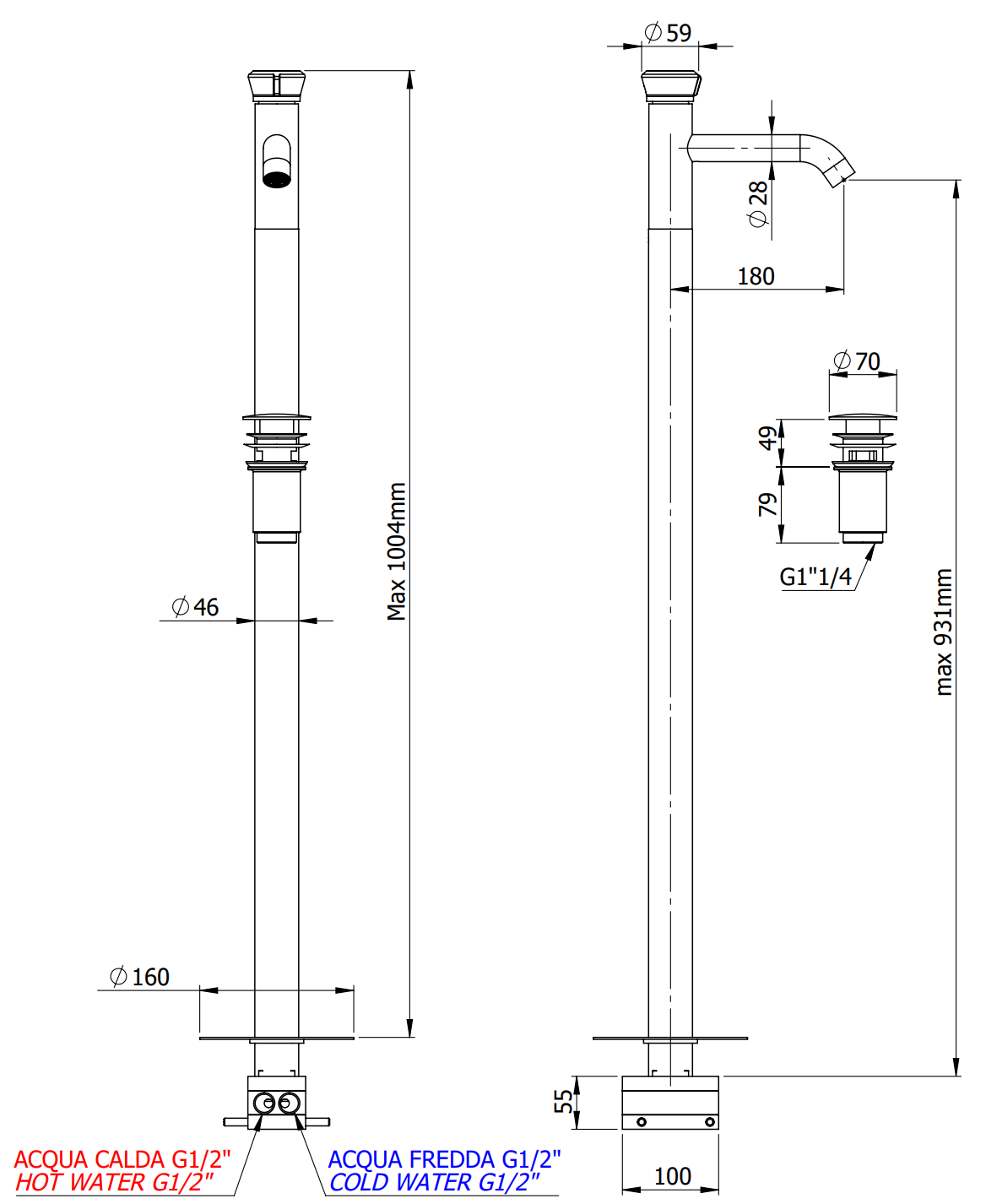 Remer Element Смеситель для раковины напольный, д/к, излив 18 см, цвет: cromo ET18