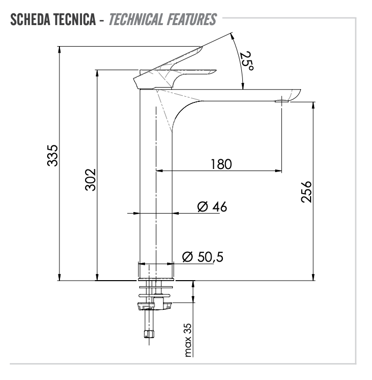 Remer Infinity Смеситель для раковины, с донным клапаном, высота излива 25,6 см, цвет: cromo I10L