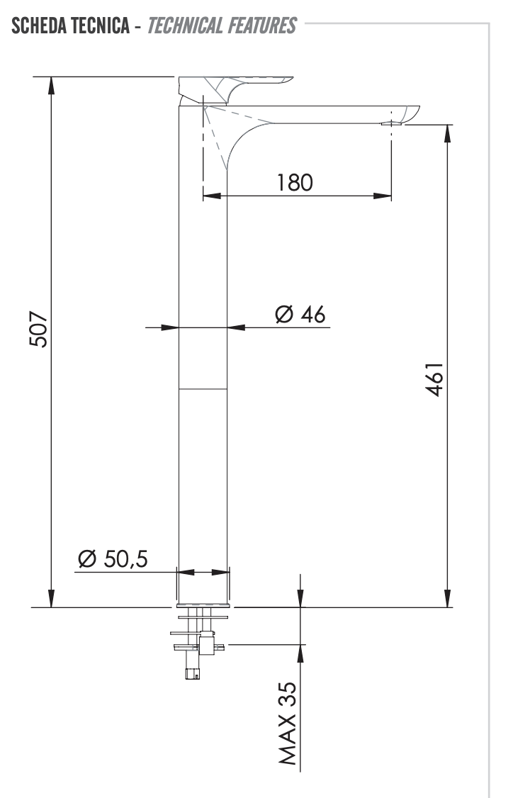 Remer Infinity Смеситель для раковины, с донным клапаном, высота излива 46,1 см, цвет: cromo I10LXXL