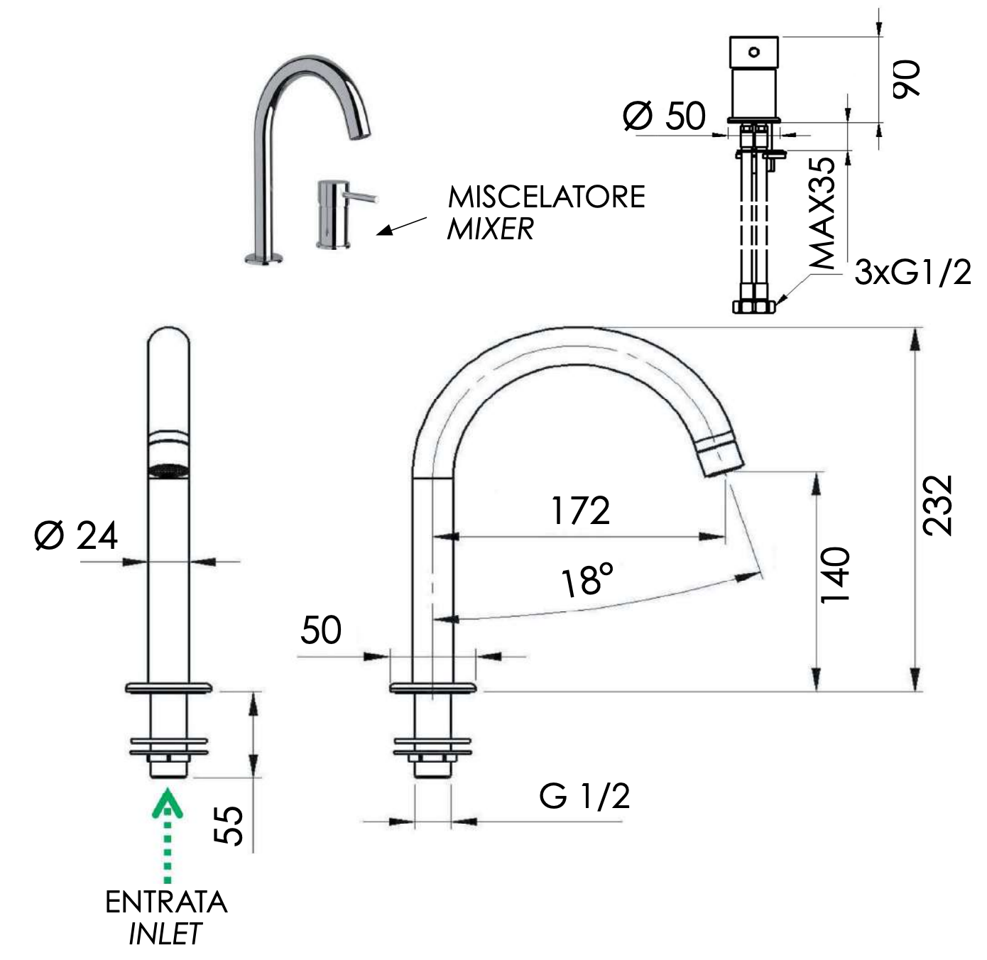 Remer Minimal Смеситель для раковины, на 2 отвертсия, без д/к, высота излива 14 см, цвет: cromo N57