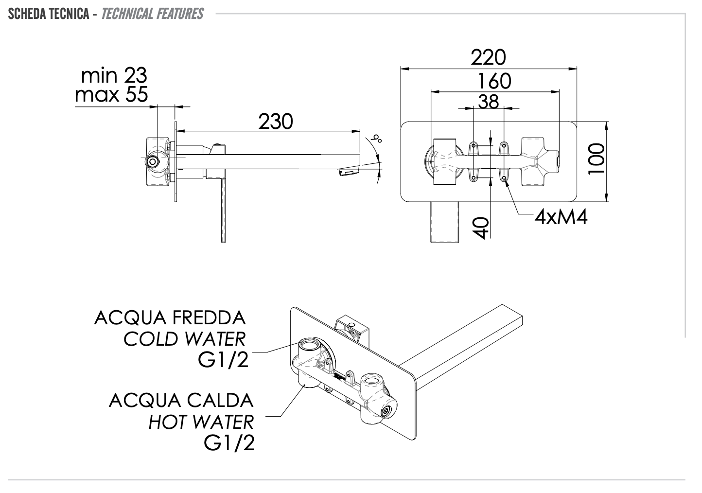 Remer Qubika Смеситель для раковины, излив 23 см, с внутренней частью, цвет: cromo Q15L