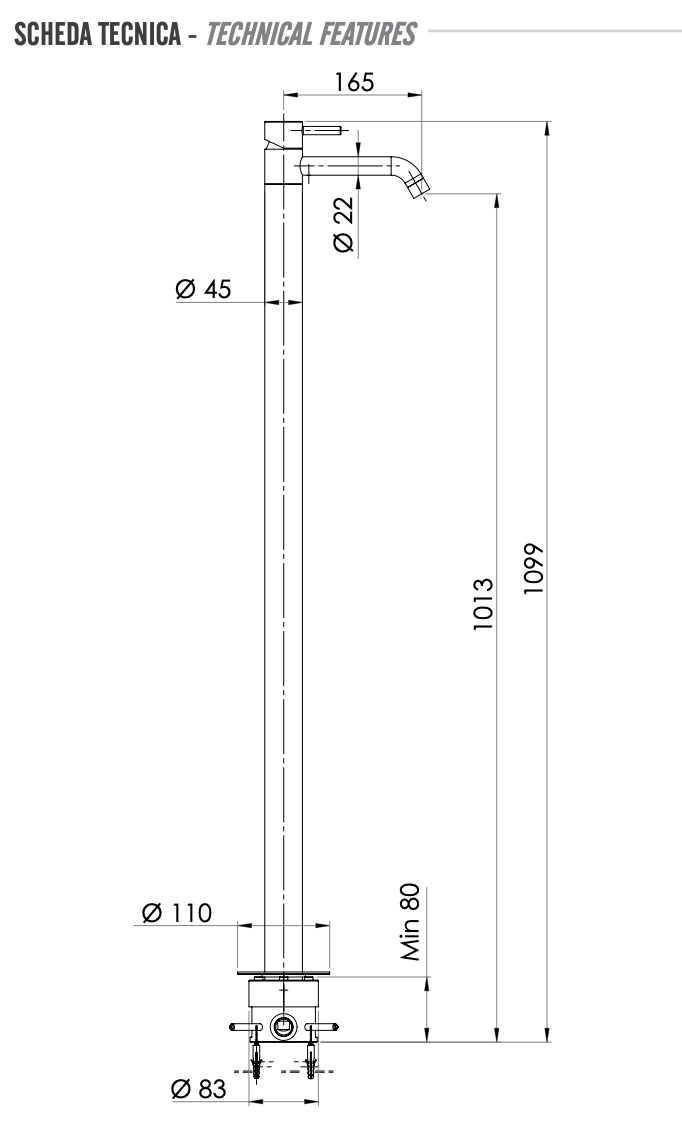Remer X Style Смеситель для раковины напольный, д/к, излив 18 см, цвет: rame lucido X18RL