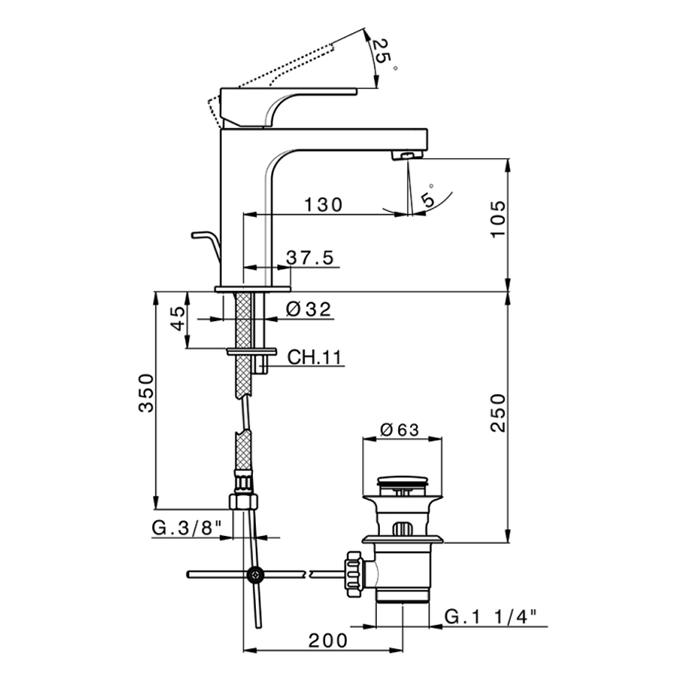 Cisal Cubic Смеситель для раковины, с донным клапаном, длина излива 13 см, цвет: brushed nickel CU0004952F