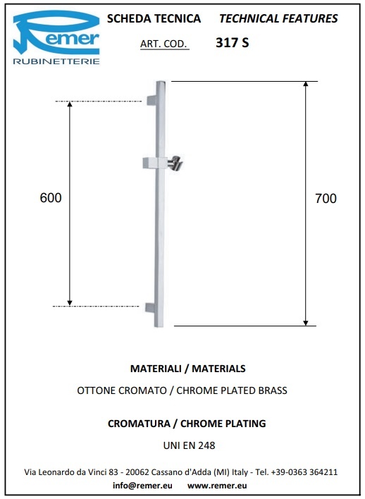 Remer Душевая штанга 70 см, цвет: oro spazzolato 317SBG