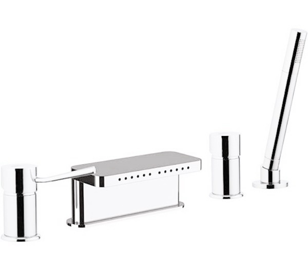 Remer Minimal Смеситель на борт ванны, излив каскад многоструйный, лейка, шланг, цвет: bianco opaco N06317MMBO