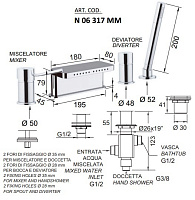 Remer Minimal Смеситель на борт ванны, излив каскад многоструйный, лейка, шланг, цвет: bianco opaco N06317MMBO