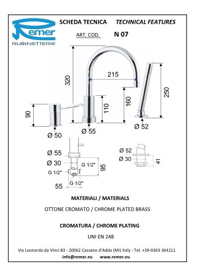 Remer Minimal Смеситель на борт ванны, излив 21,5 см, лейка 1 вид струи, шланг 150 см, цвет: cromo N07