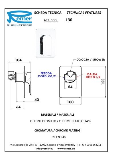 Remer Infinity Смеситель для душа встраиваемый, 1 потребитель, цвет: nichel spazzolato opaco I30NPO
